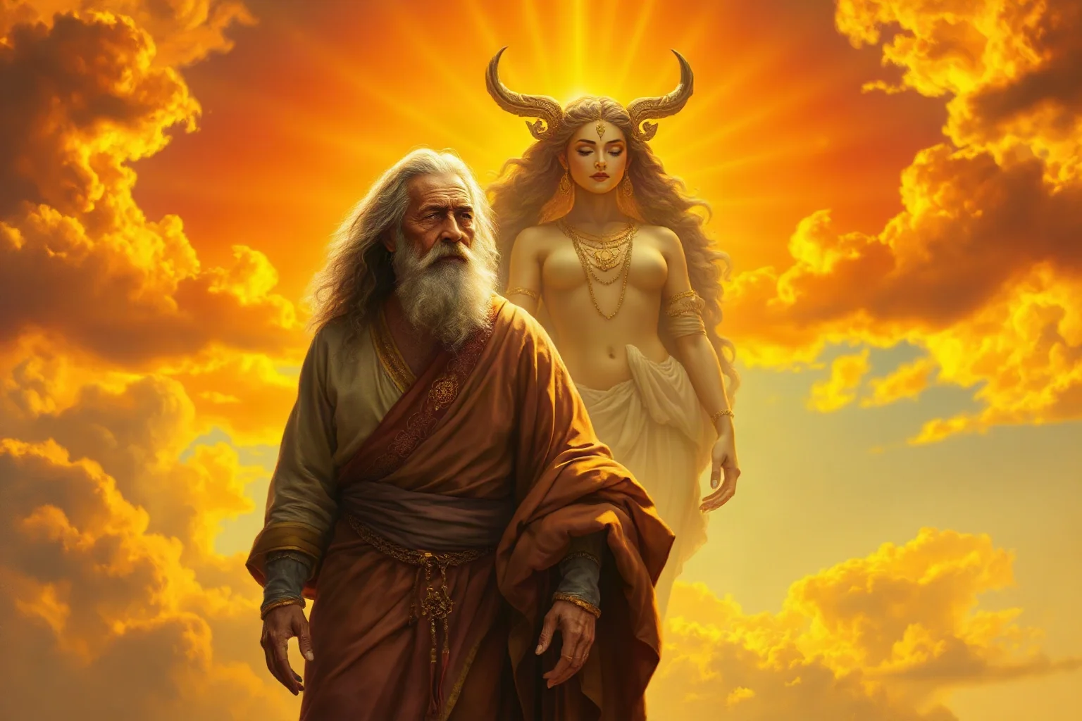 An aging mortal man in fine robes standing beside a radiant dawn goddess in a golden sky, symbolic mythological art