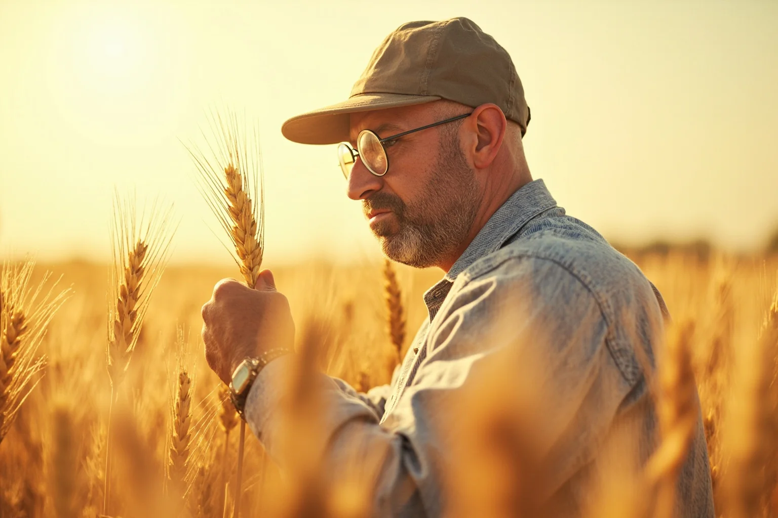 An agricultural scientist examining wheat crops in a sunlit field, illustration style, no recognizable real face