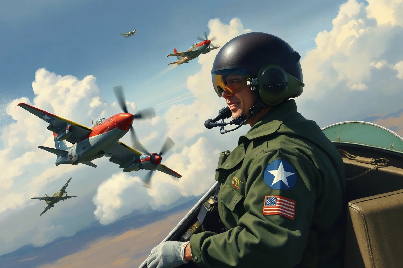 An Air Force pilot in a cockpit over North Vietnam engaging enemy fighters, illustrative painting style, dramatic aerial combat scene