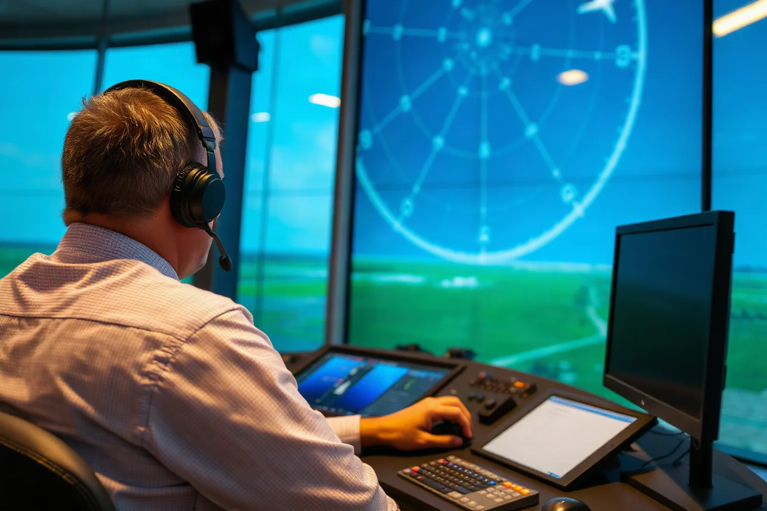 An air traffic control tower interior with a controller speaking into a headset microphone at a radar screen