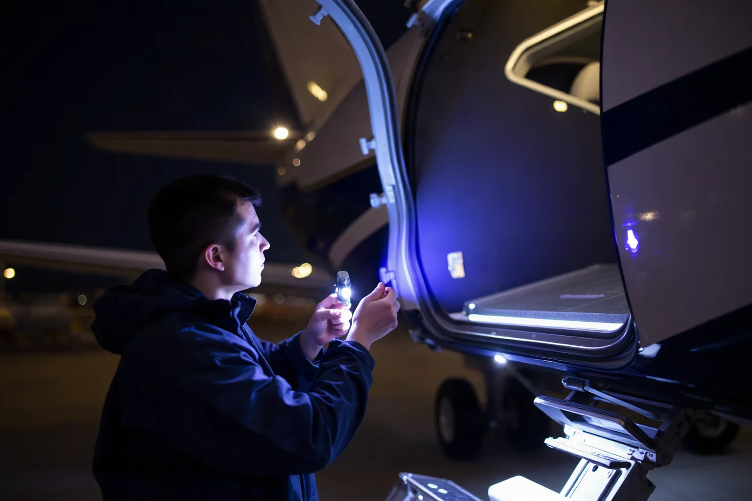 An aircraft maintenance technician inspecting a door seal panel on a parked jet at night with a flashlight