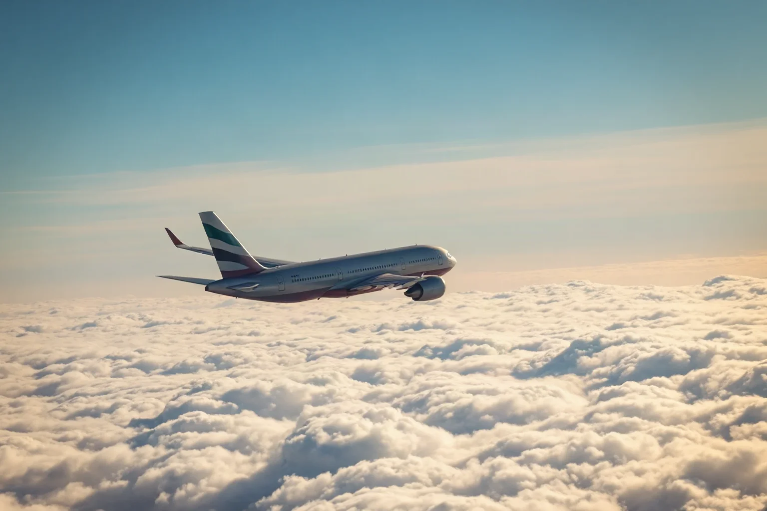 An airliner flying on a calm autopilot course above scattered clouds, empty sky around it