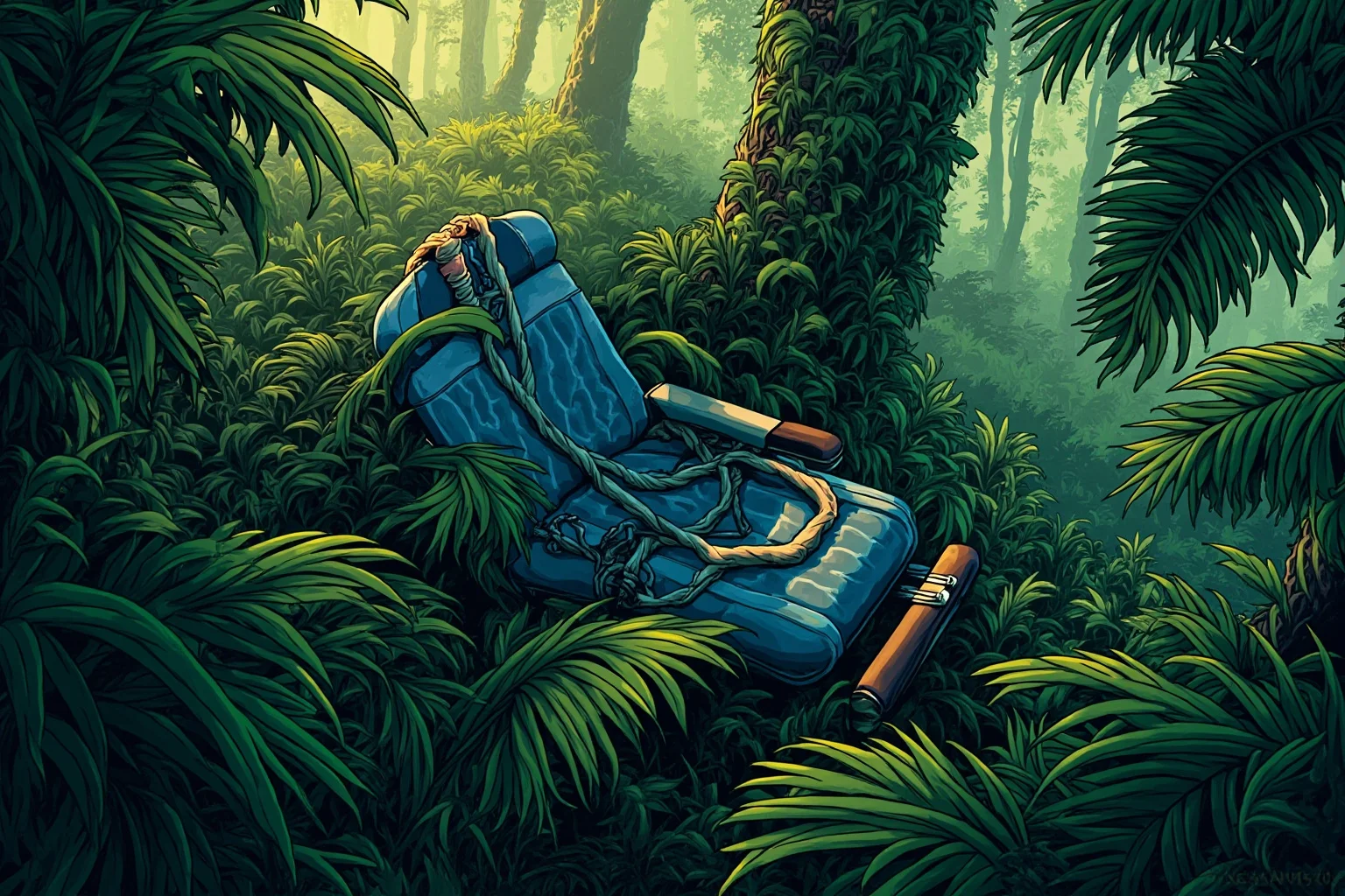 An airplane seat tangled in dense green rainforest canopy after a high-altitude fall, illustrative style
