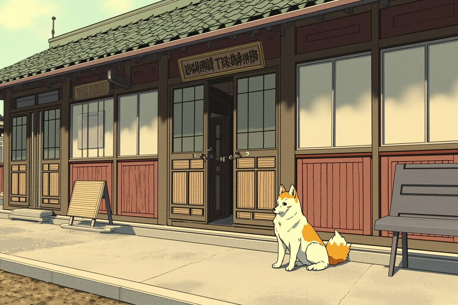 22 Animal Heroes Who Changed Human History 14 An Akita dog sitting patiently outside a 1920s Japanese train station, illustrative style
