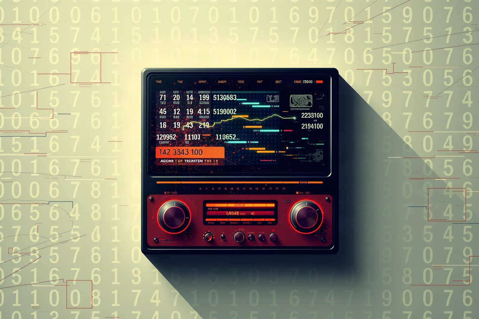 An album cover style abstract image featuring radio static and number patterns, artistic design