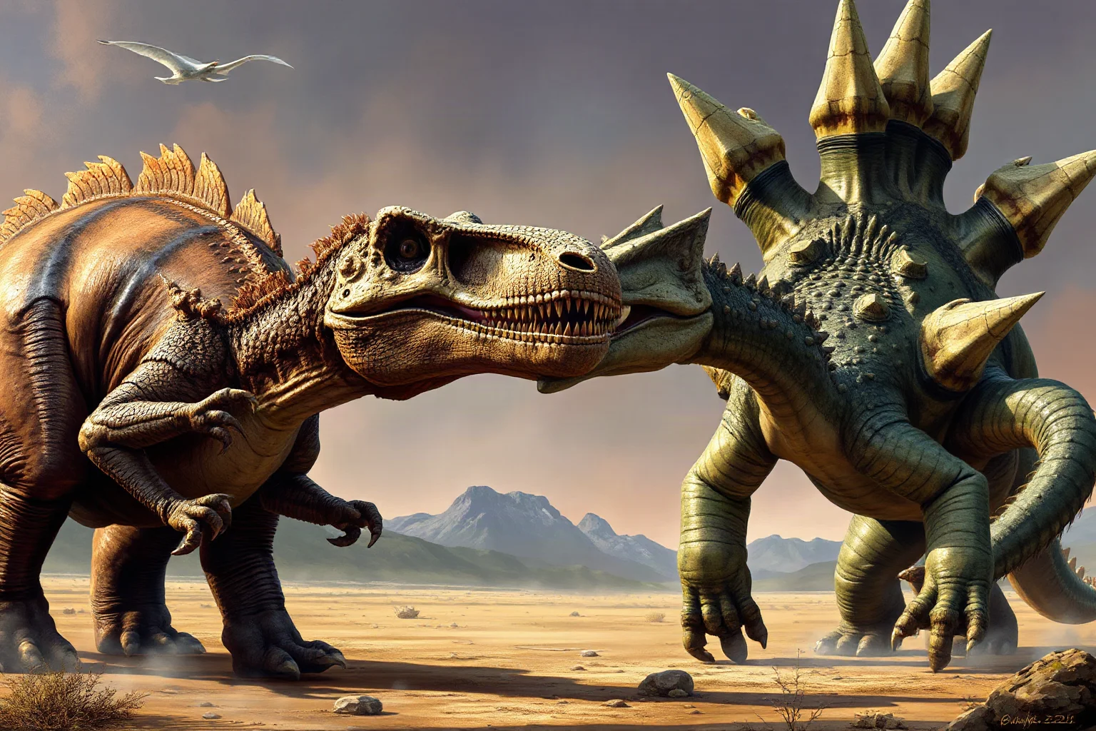 An Allosaurus with a hatchet-shaped skull confronting a Stegosaurus in Late Jurassic North America, realistic paleoart style