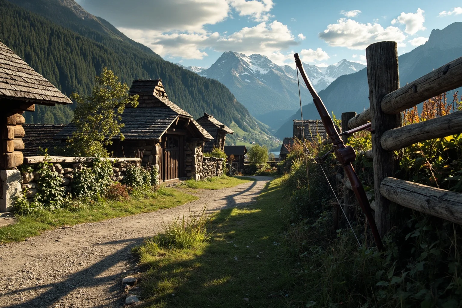 An alpine Swiss village scene with a crossbow resting against a wooden fence, evoking the William Tell legend