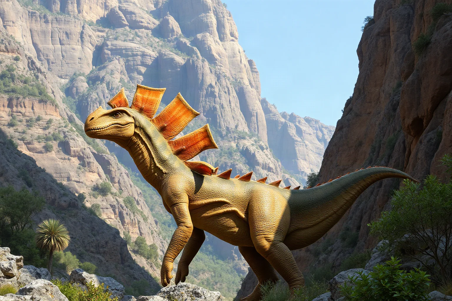 An Amargasaurus with a double row of tall spines along its neck standing in an open valley