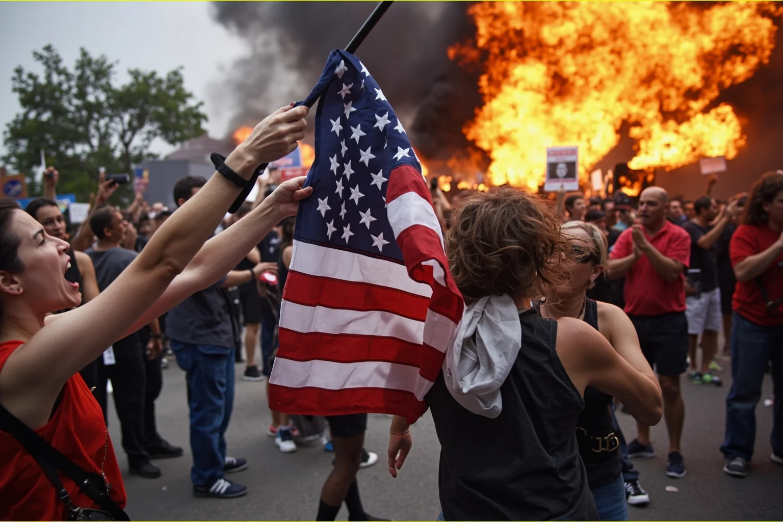 An American flag being used as a weapon during a heated protest scene, confrontational documentary photograph