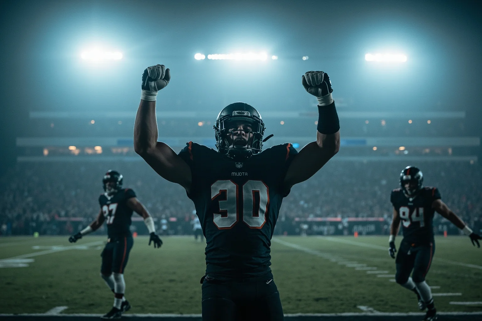 An American football game in freezing weather with players celebrating an improbable overtime comeback win, stadium lights glowing