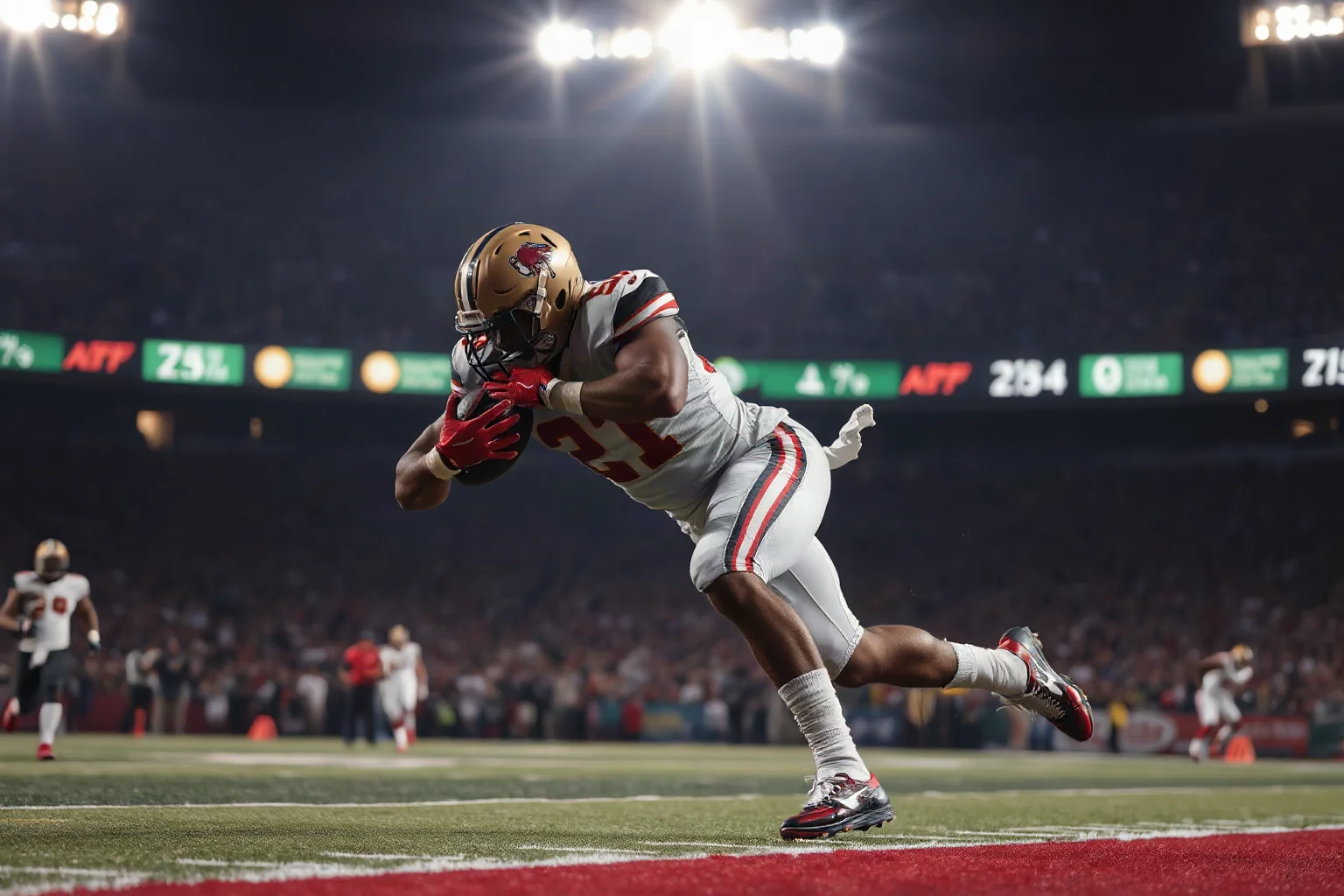 An American football running back being tackled awkwardly during a playoff game, dramatic stadium lighting, no graphic detail