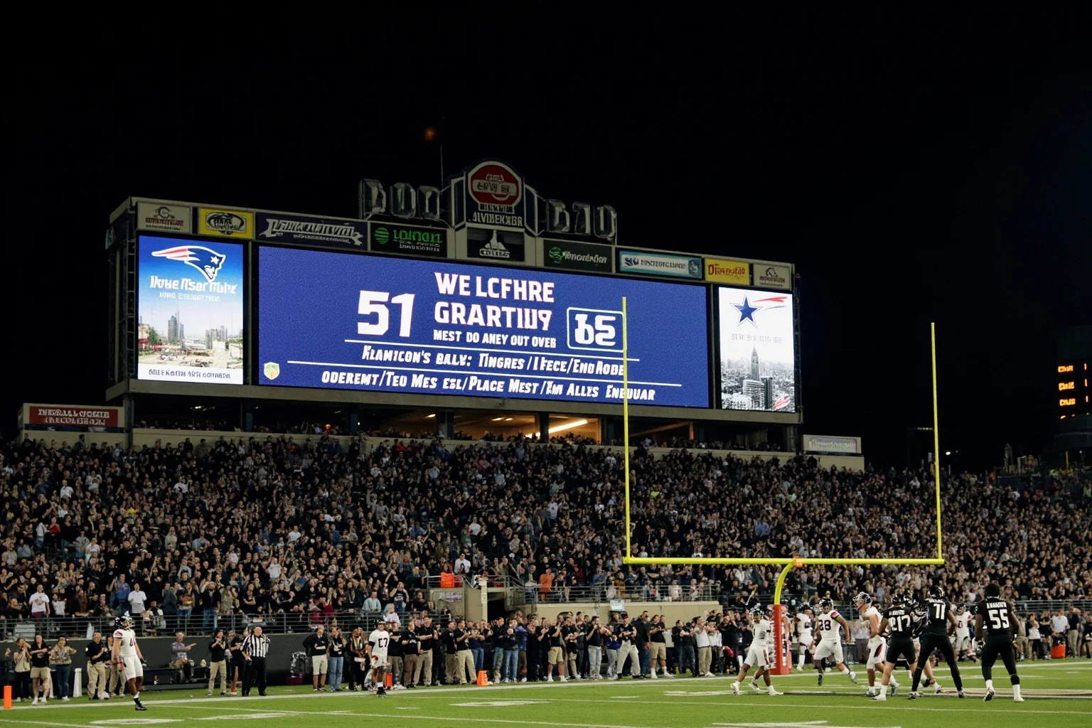 An American football stadium at night with a scoreboard showing a huge second-half deficit being overturned, players celebrating in the end zone
