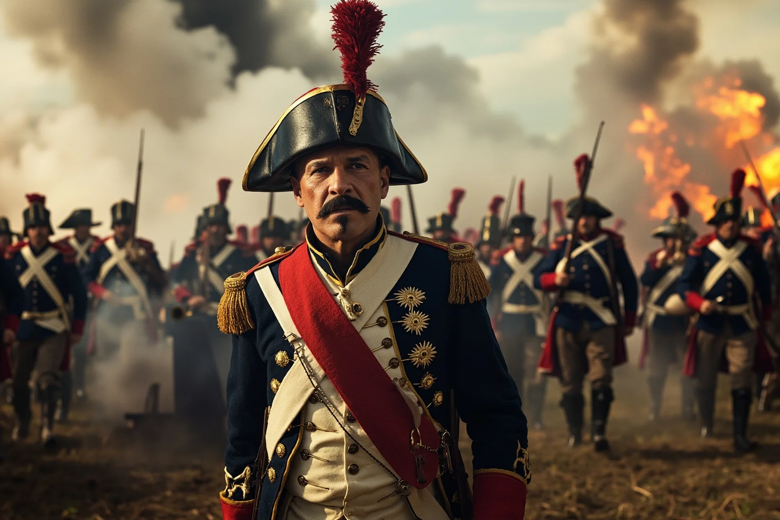14 Presidents Who Never Served in the Military (And 10 Who Did) 17 An American general in War of 1812 era military dress uniform leading troops at a battle scene with smoke and cannon fire