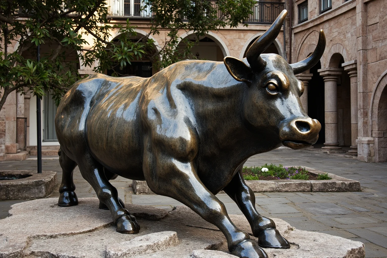 An ancient bronze bull statue in a stone courtyard, dramatic classical illustration style