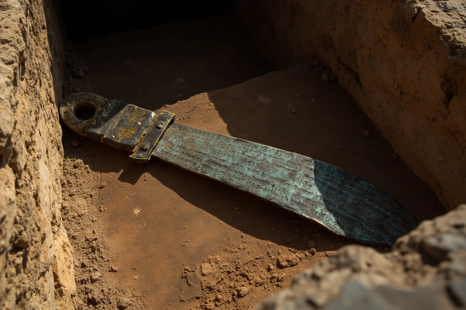 An ancient bronze sword with intricate inscriptions lying in an open tomb, archaeological discovery style