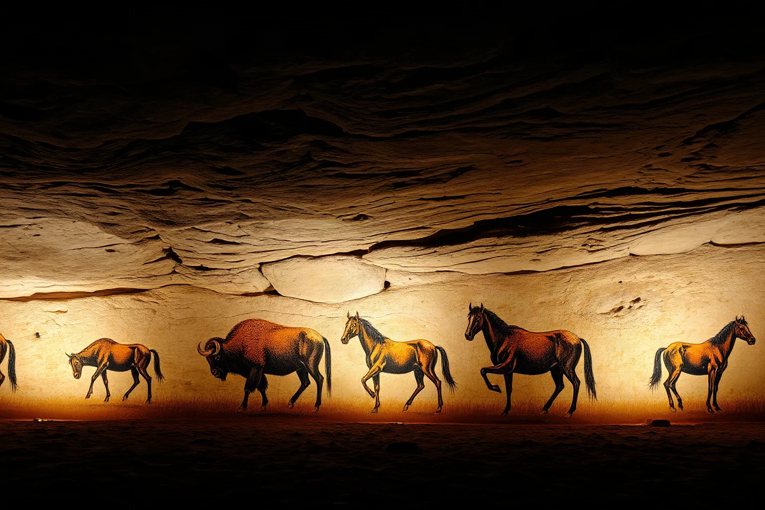 An ancient cave wall illustrated with painted images of bison and horses lit by torchlight