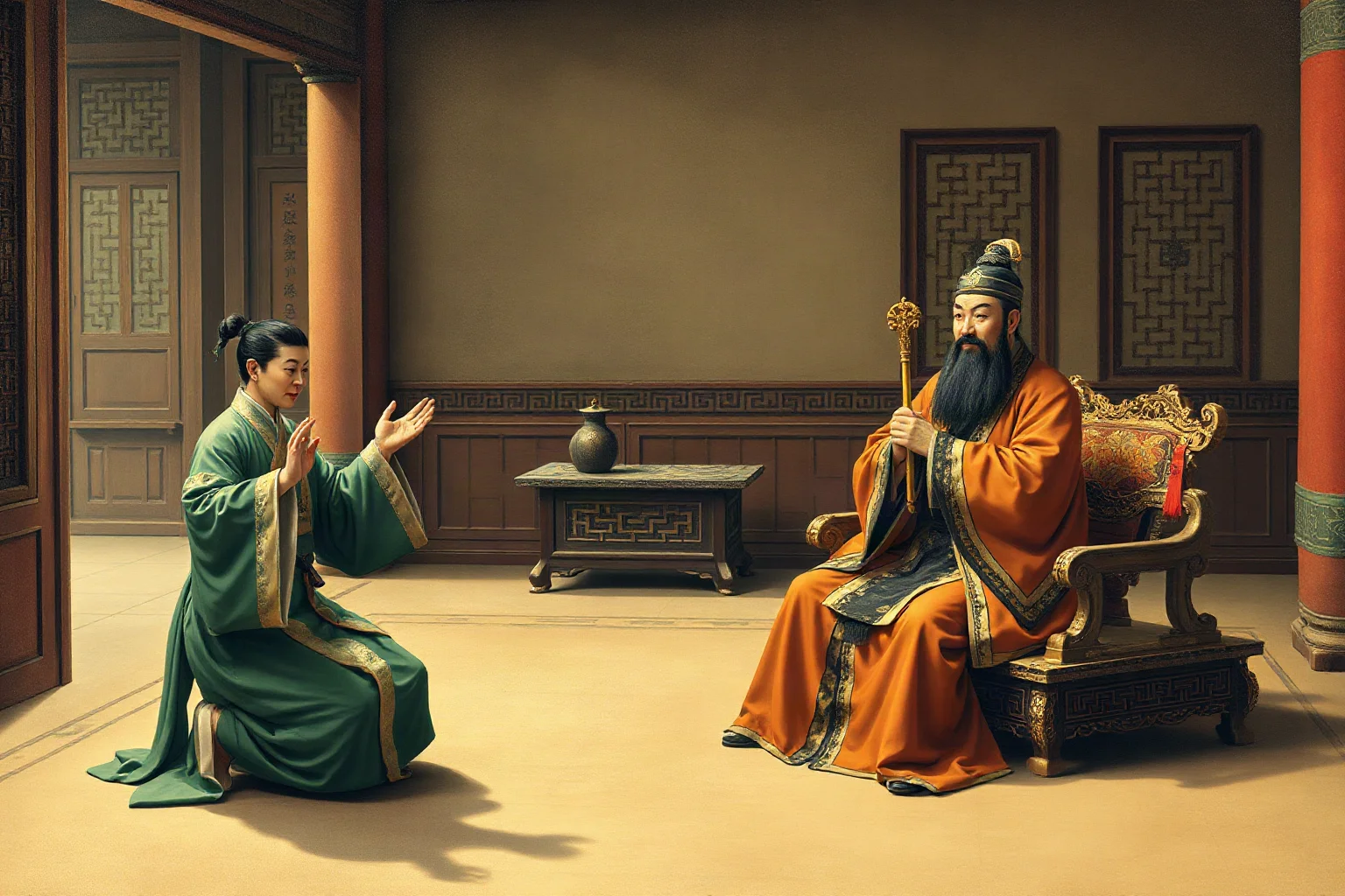 An ancient Chinese court entertainer performing a satirical skit before a seated king in a Zhou-era palace