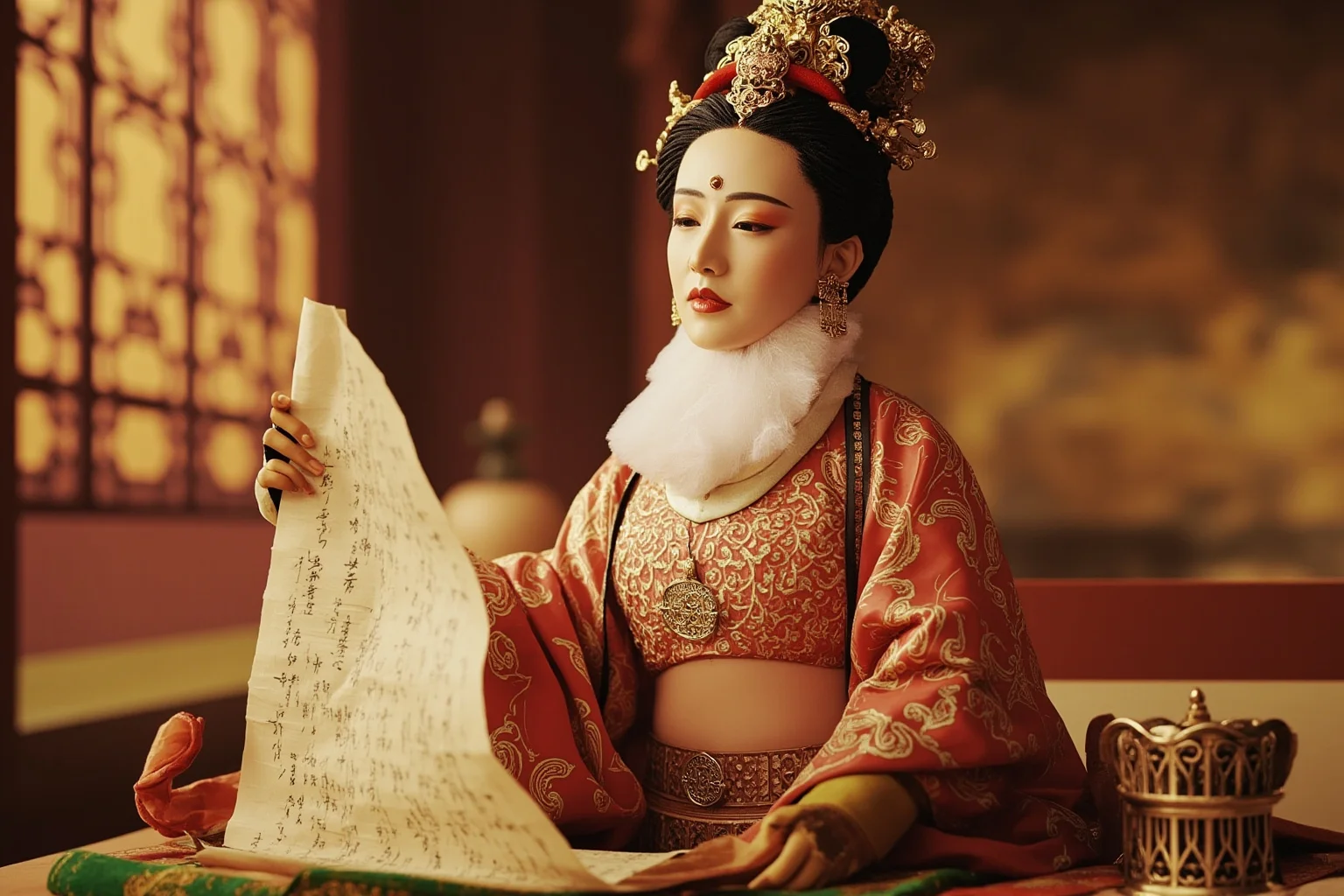 An ancient Chinese empress in ornate imperial robes reviewing scrolls in a grand palace hall, illustrative style, non-photorealistic