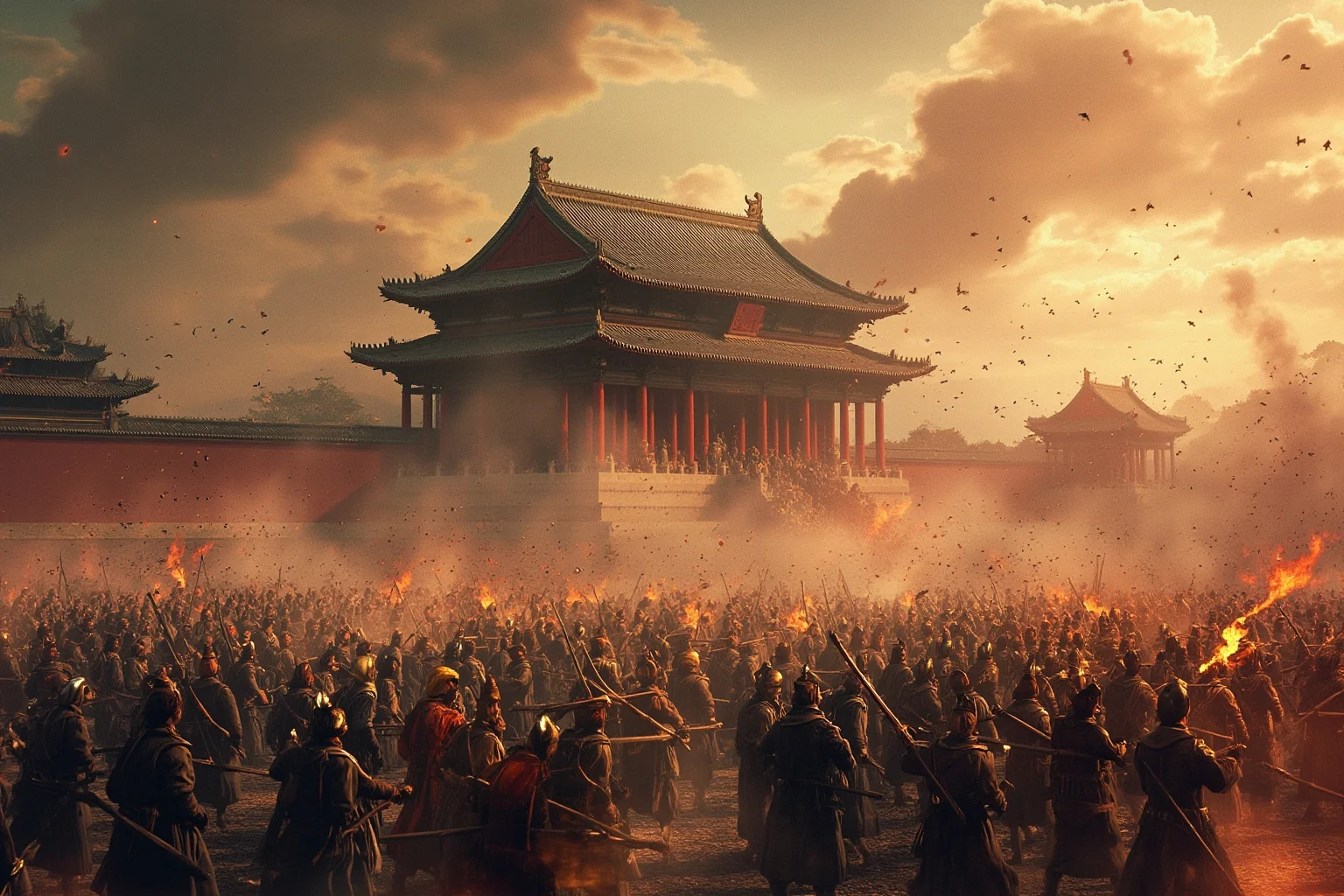 The Worst Events in Human History: 22 of the Darkest Chapters Ever Recorded 13 An ancient Chinese imperial palace under siege, illustrating the An Lushan Rebellion era