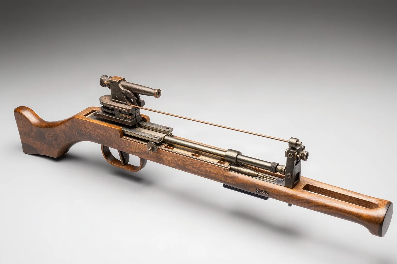 An ancient Chinese repeating crossbow (Chu Ko Nu) shown in cutaway detail with its lever mechanism