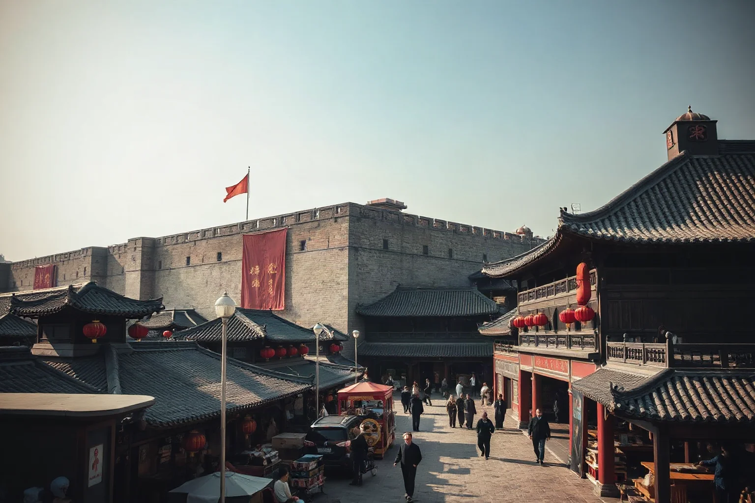 An ancient Chinese walled city with a bustling marketplace and silk banners