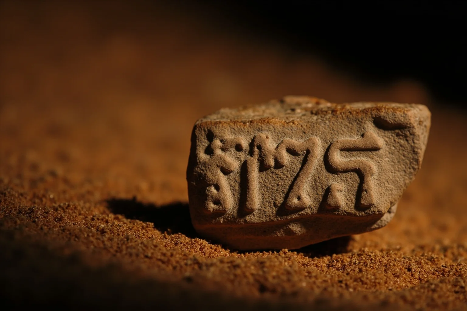 An ancient clay cuneiform tablet resting on sand, lit dramatically, evoking Mesopotamian archaeology