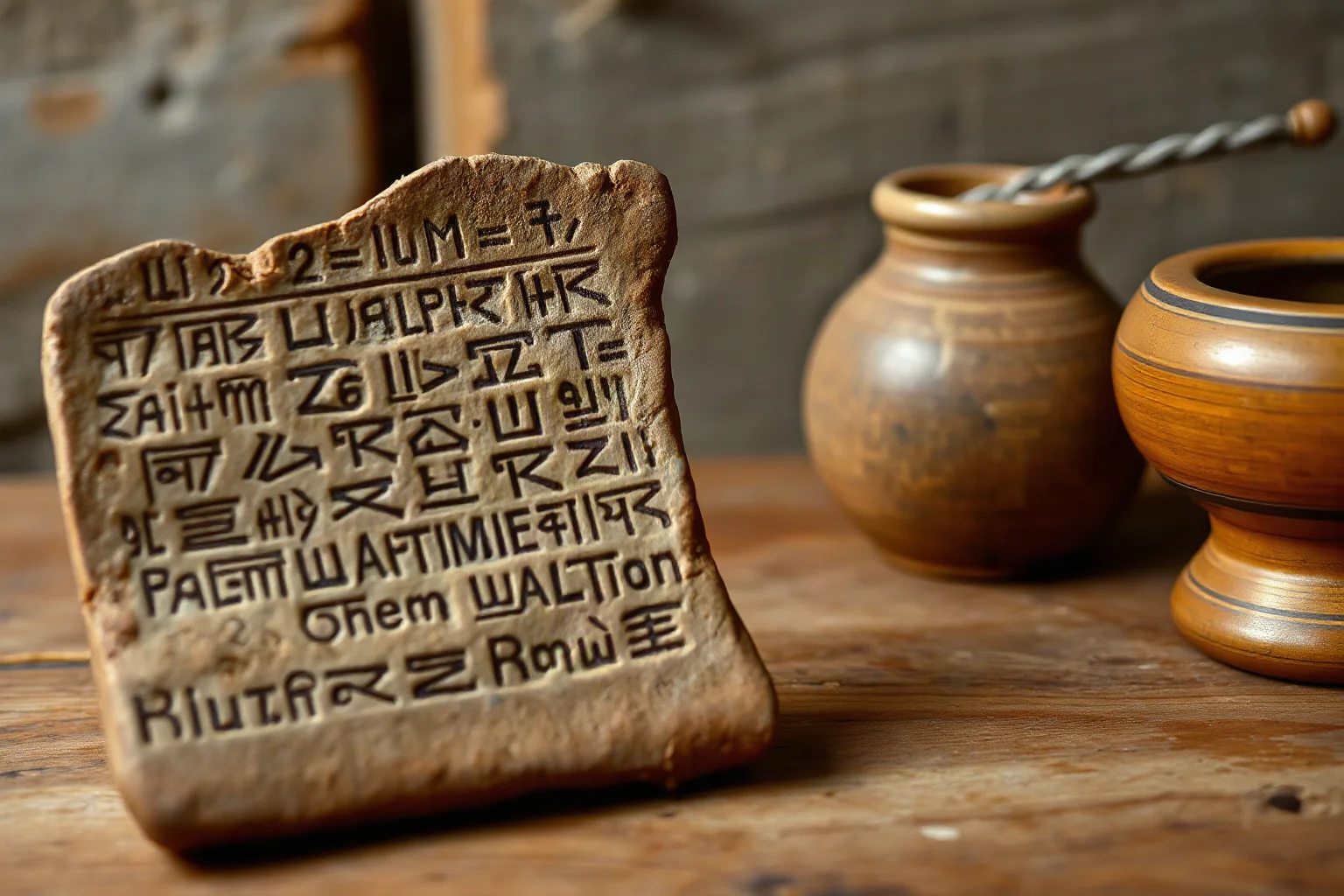An ancient clay tablet with cuneiform writing beside a ceramic beer vessel, Mesopotamian historical still life