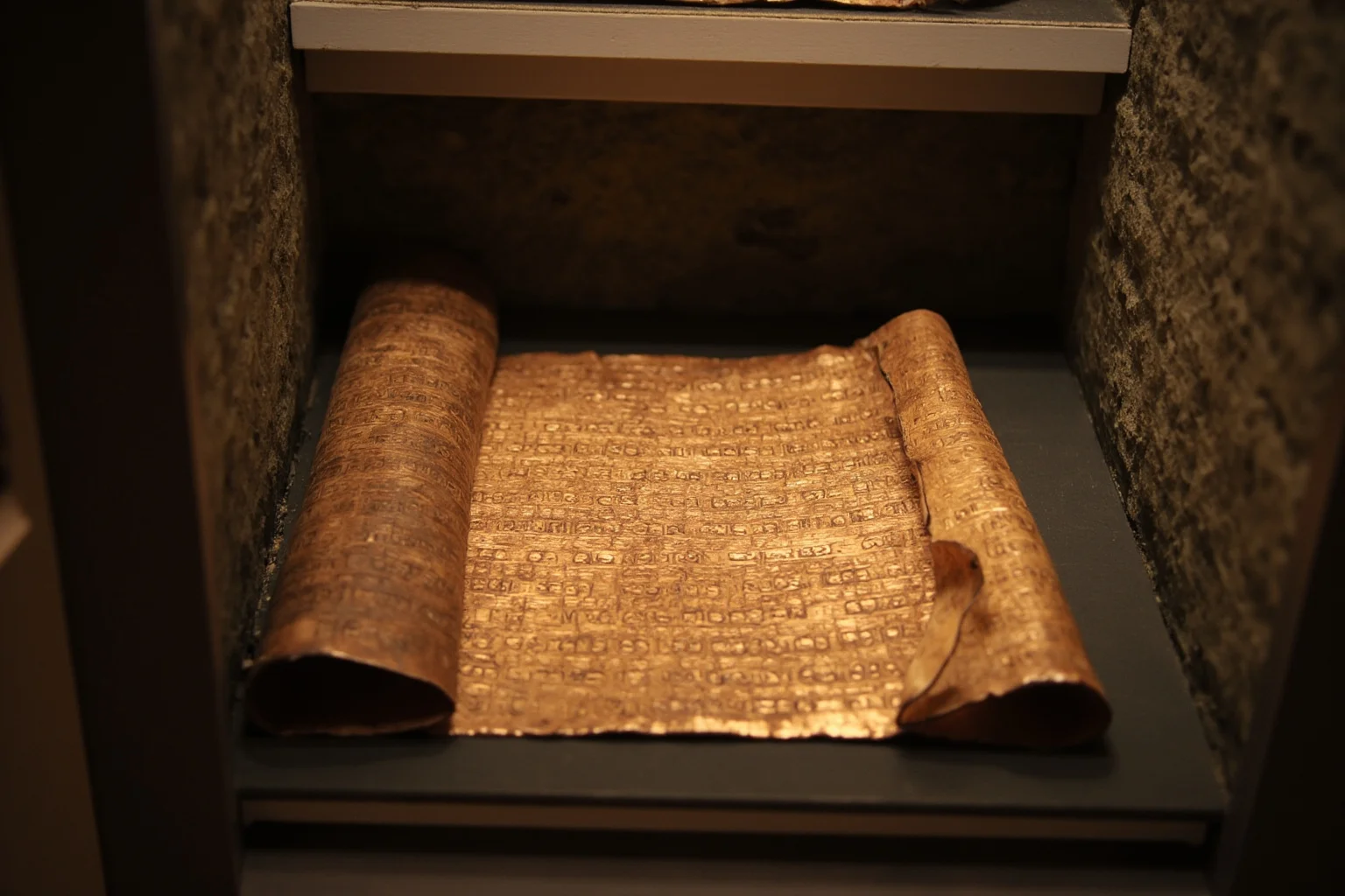 Missing Legendary Treasures That Are Yet to Be Found 16 An ancient copper scroll with engraved text, displayed under museum lighting in a stone archive room