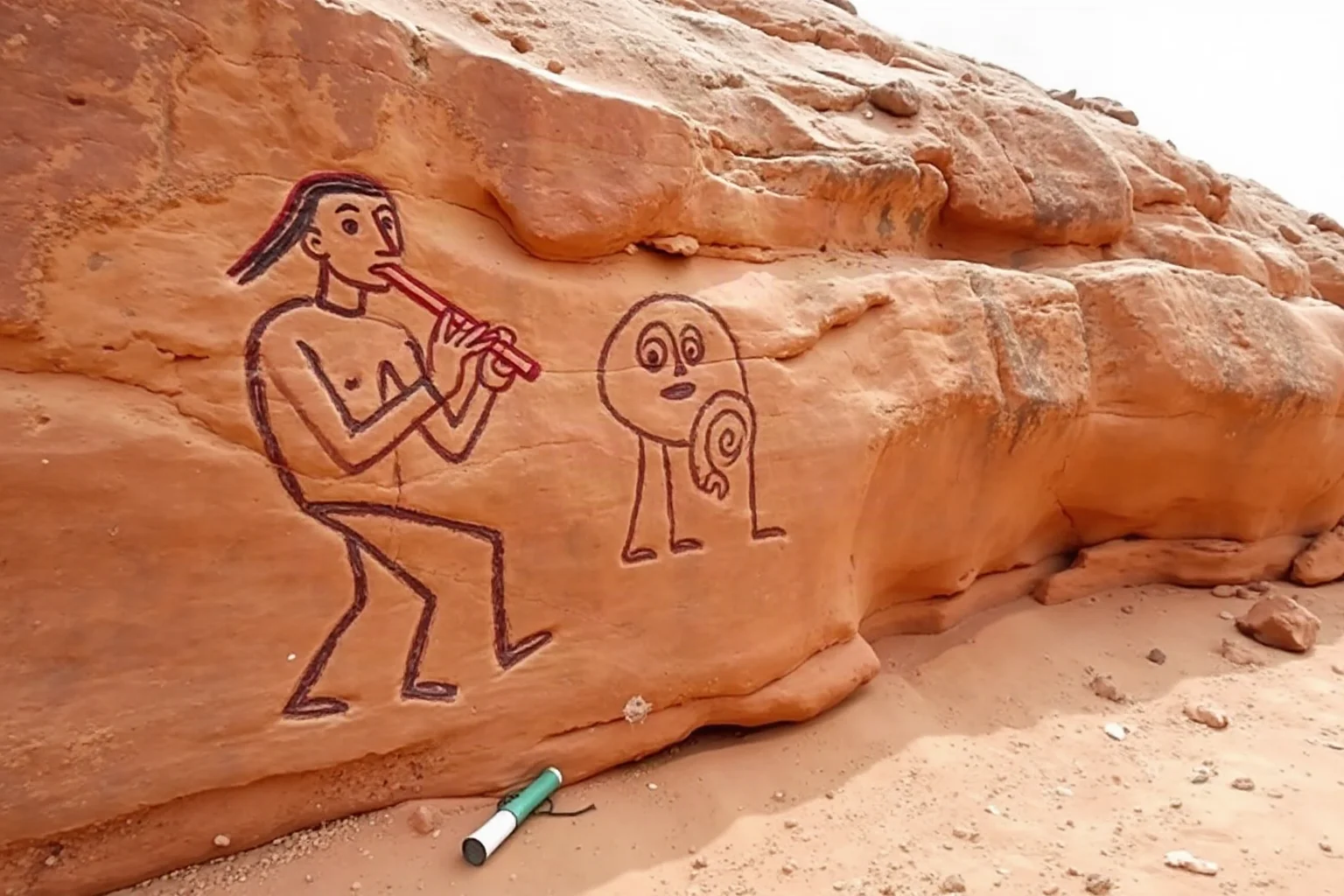 An ancient desert petroglyph carving of a flute-playing figure on a sandstone cliff, folklore illustration style