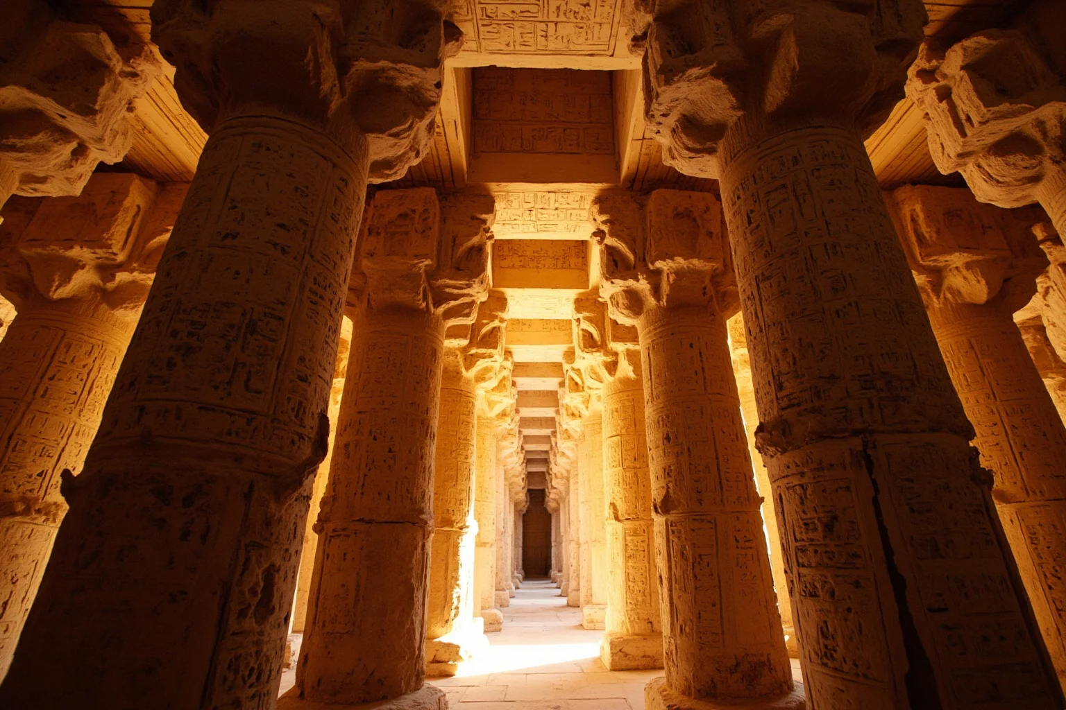 An ancient Egyptian palace interior with Greco-Egyptian architectural details, golden light, and hieroglyph-covered columns