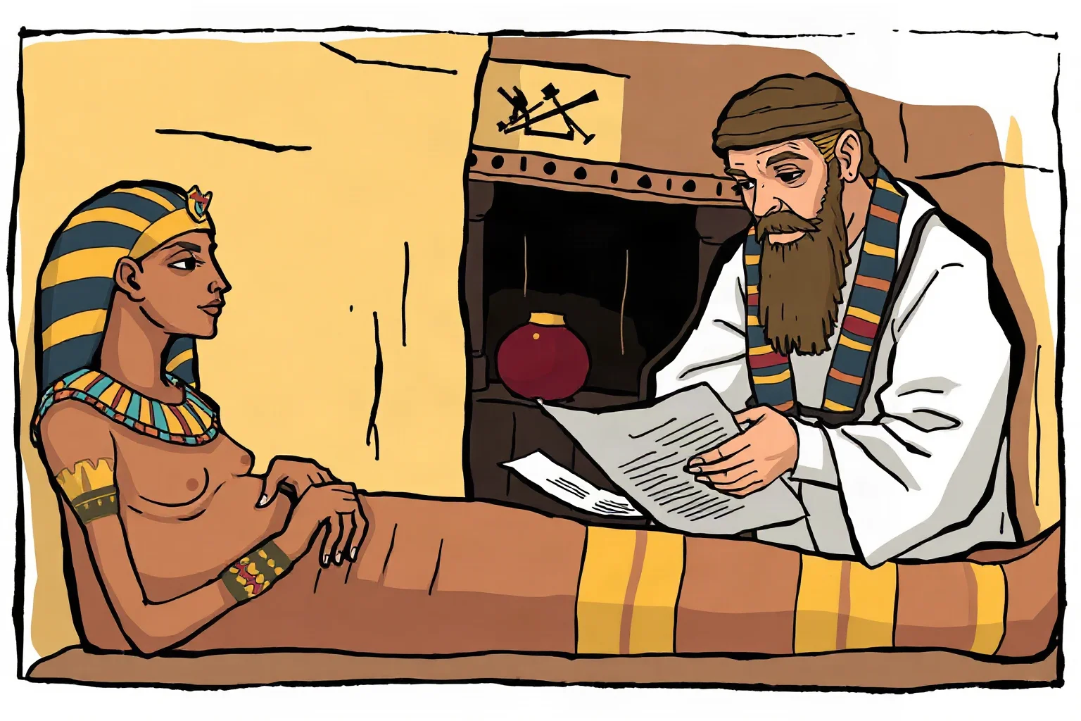 An ancient Egyptian physician examining scrolls beside a mummified figure, illustrative style