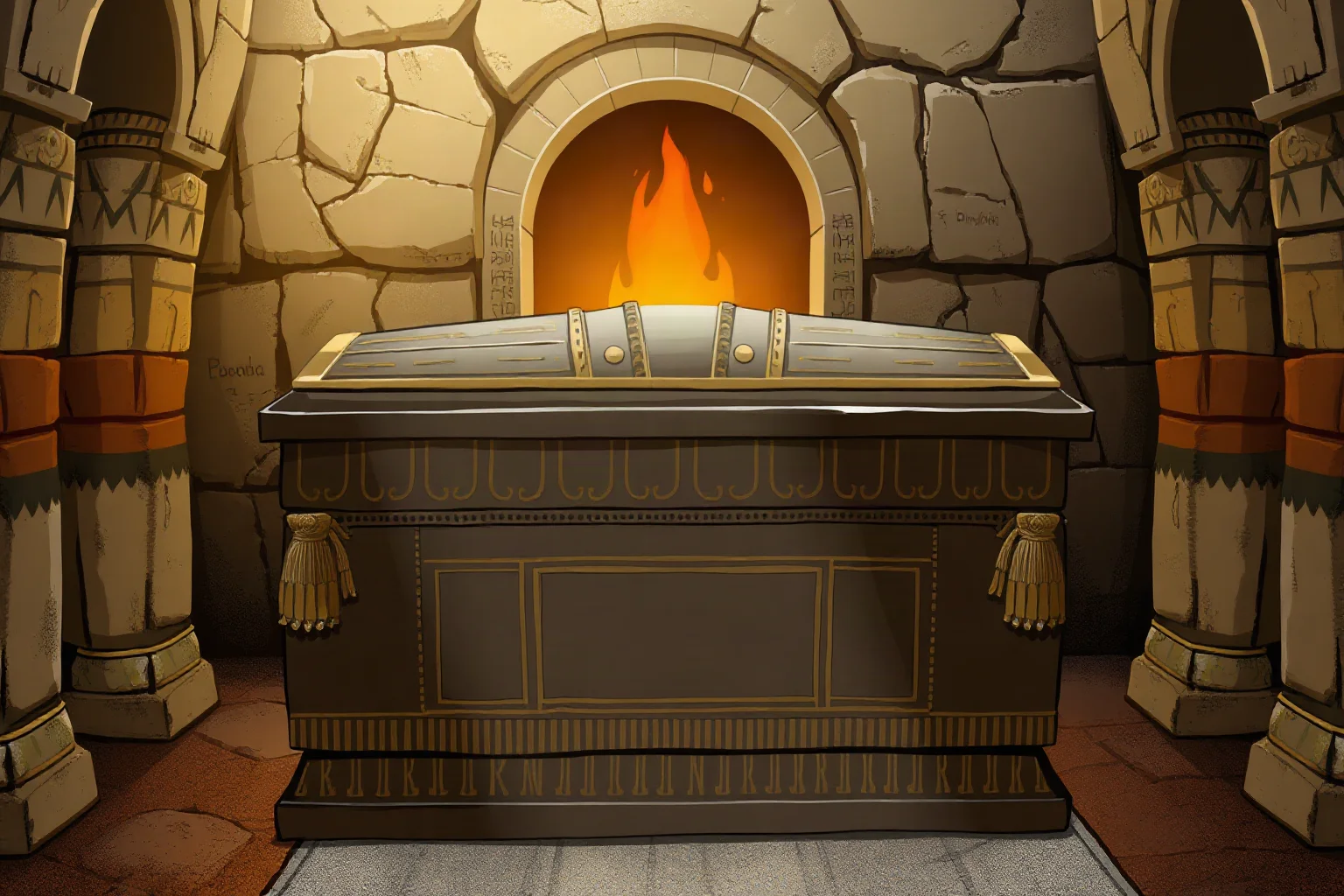 An ancient Egyptian sarcophagus lid in a torch-lit tomb chamber, illustrative style