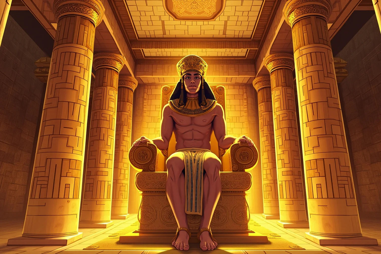 An ancient Egyptian throne room with a young pharaoh in golden regalia and headdress, tomb-mural inspired illustration style