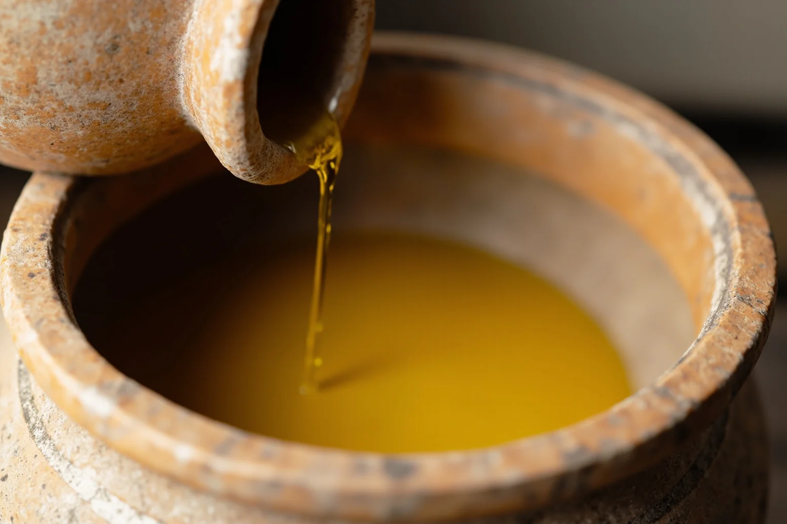 Ancient Greek Diet: 20 Foods Ancient Greeks Ate on a Daily Basis 5 An ancient Greek clay amphora pouring golden olive oil into a shallow dish