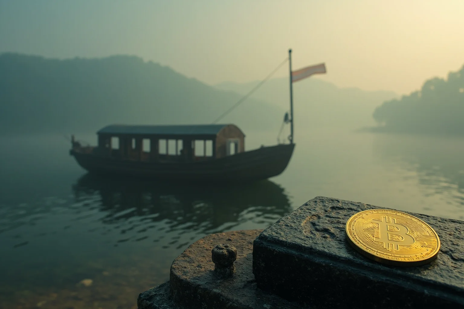 An ancient Greek ferryman's boat on a misty river with a glinting coin resting on a stone tomb