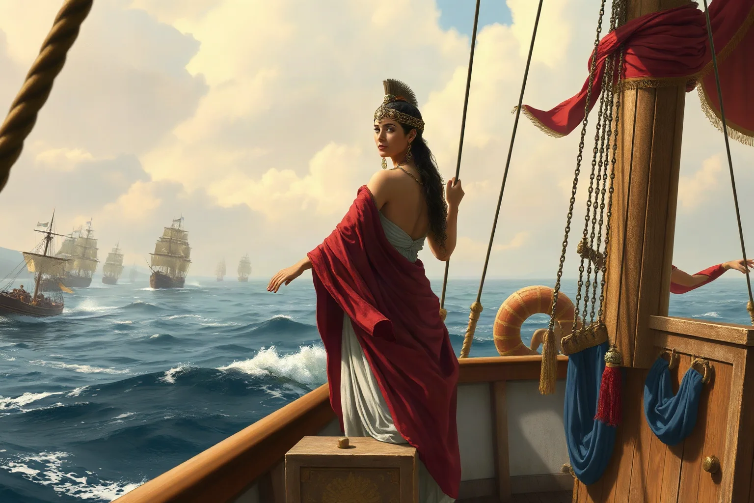 An ancient Greek-Persian naval commander woman standing on the deck of a warship during a sea battle, historical illustration