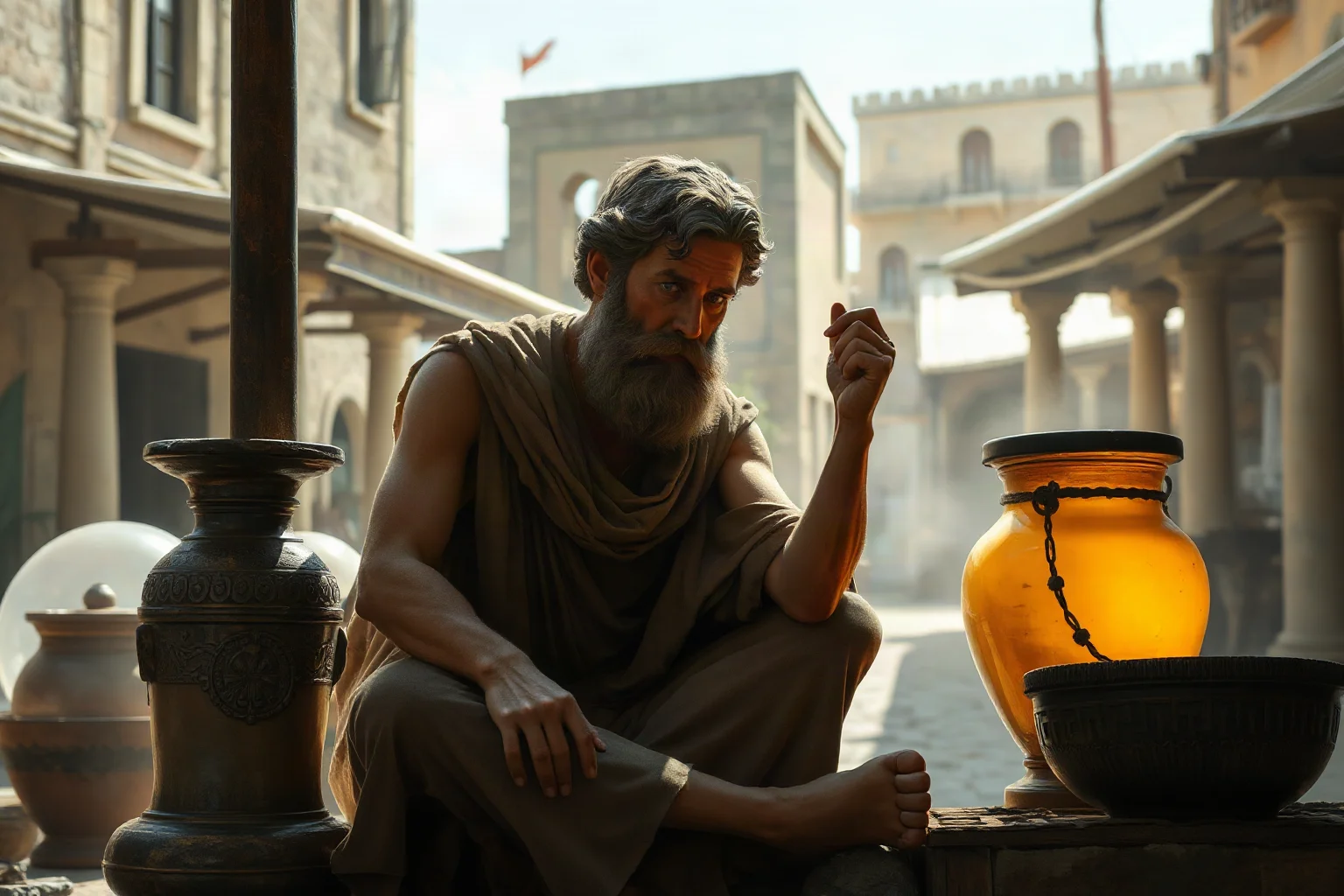 An ancient Greek philosopher sitting beside a large ceramic jar in a sunlit marketplace, holding a lit lamp in daylight