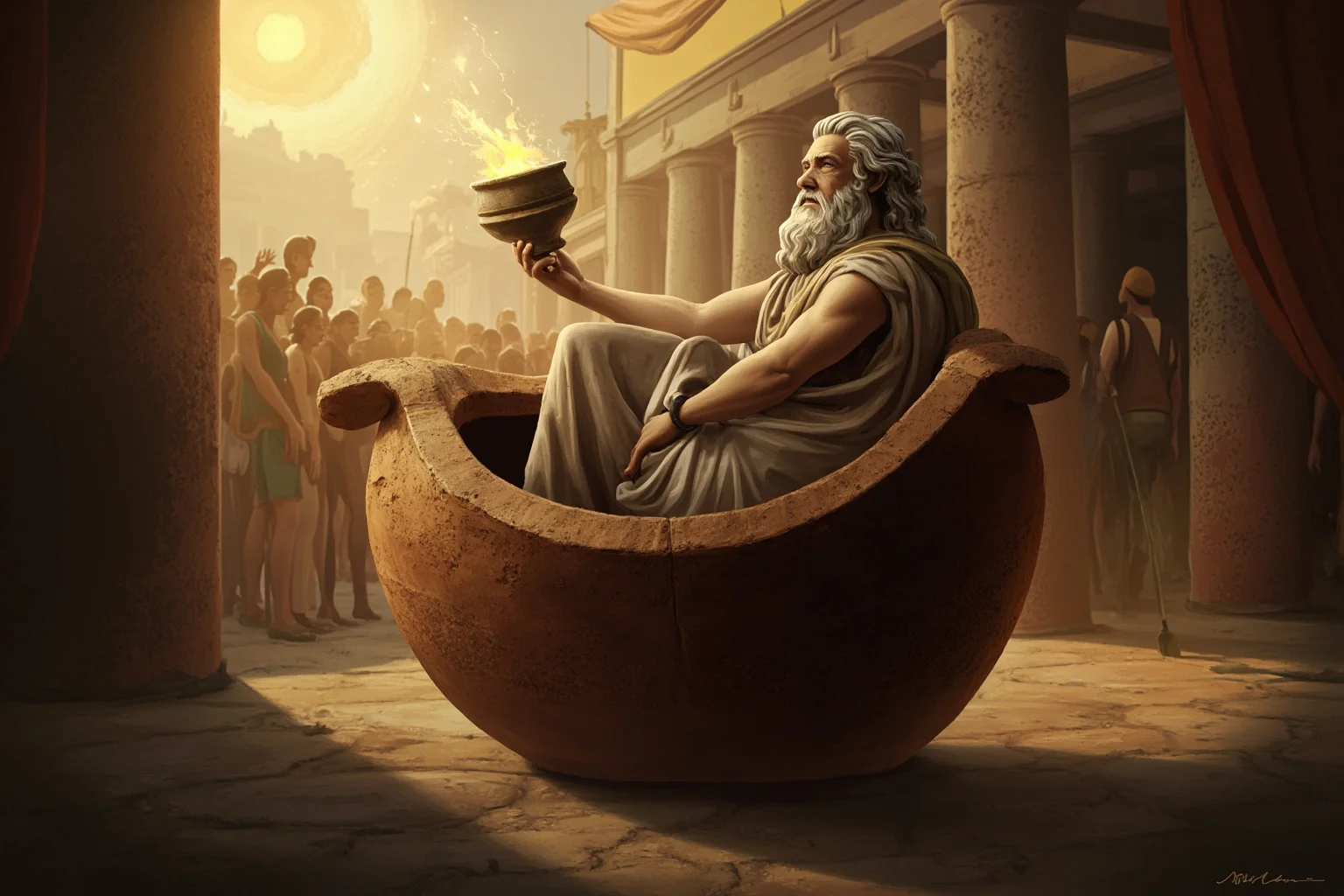 An ancient Greek philosopher sitting inside a large ceramic jar in a bustling marketplace, holding a lit lamp in daylight