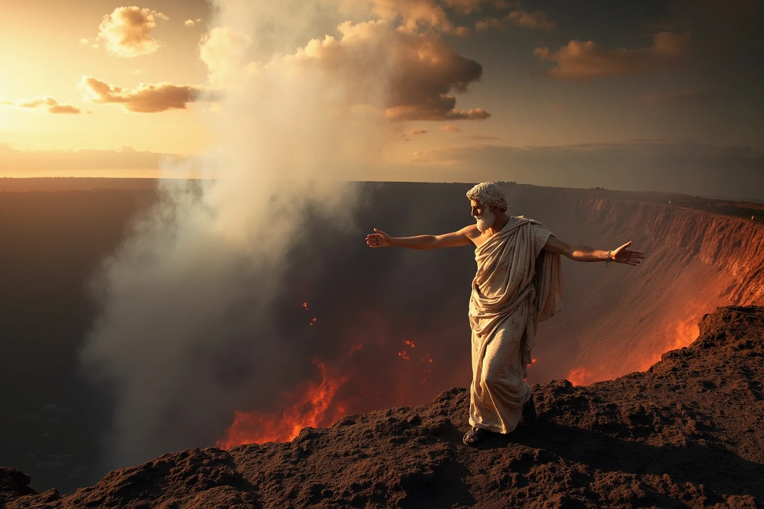 Philosophers Everyone's Heard Of, and 20 Everyone Forgot About 13 An ancient Greek philosopher standing at the smoking rim of a volcanic crater, arms outstretched, dramatic sky