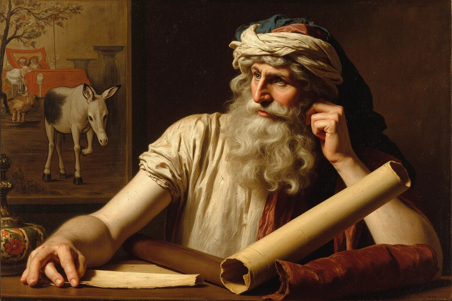 An ancient Greek philosopher's study with scrolls and a small illustrated donkey in the background, classical art style
