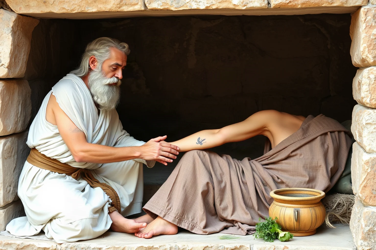 An ancient Greek physician examining a patient's arm in a simple stone clinic, herbs nearby