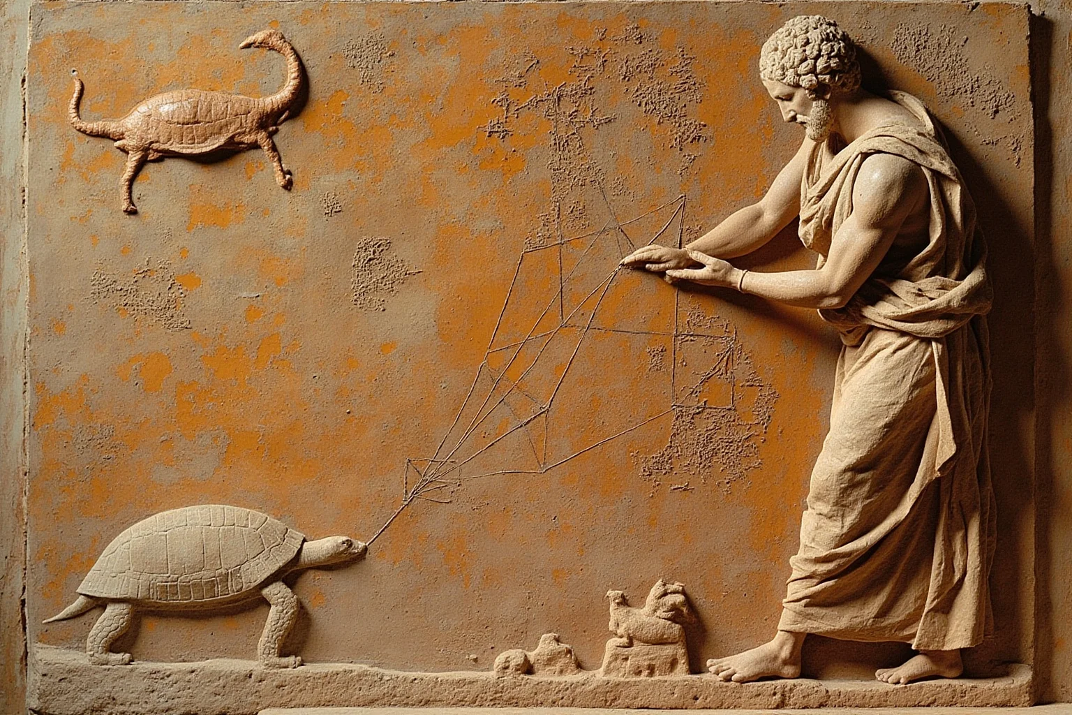 Philosophers Everyone's Heard Of, and 20 Everyone Forgot About 3 An ancient Greek scholar drawing geometric paradox diagrams with a tortoise and a runner sketched on a stone tablet