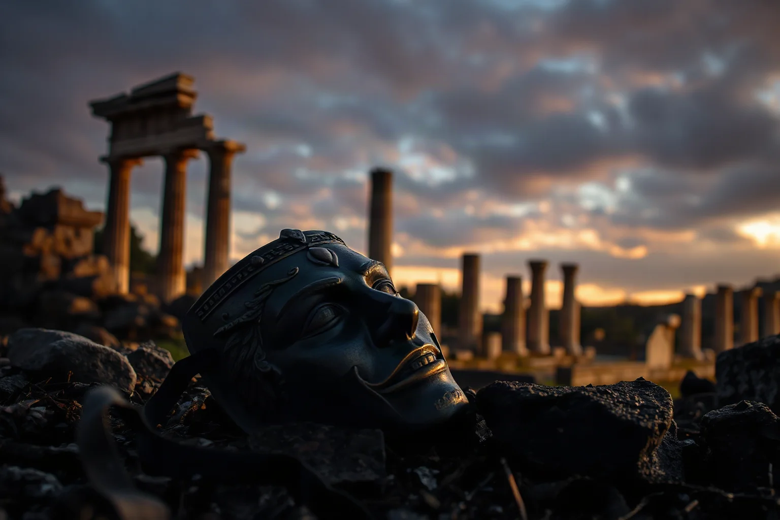 An ancient Greek theater mask resting near battlefield ruins at dusk, moody atmospheric lighting