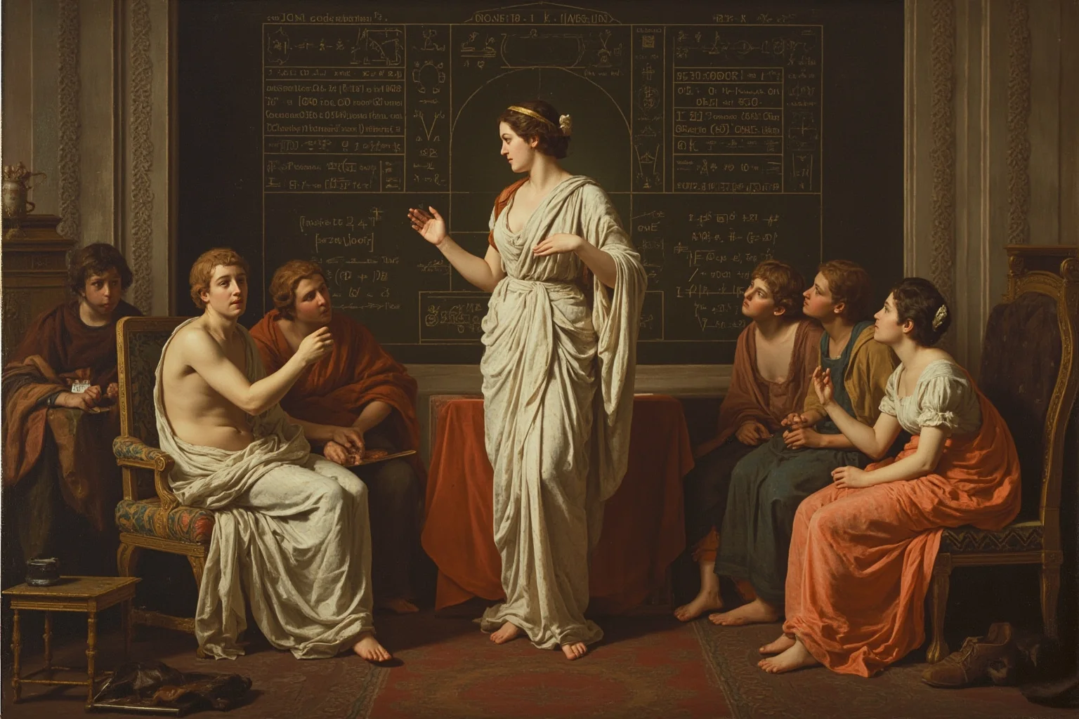 Philosophers Everyone's Heard Of, and 20 Everyone Forgot About 21 An ancient Greek woman in classical dress teaching mathematics and harmony symbols to a small seated group