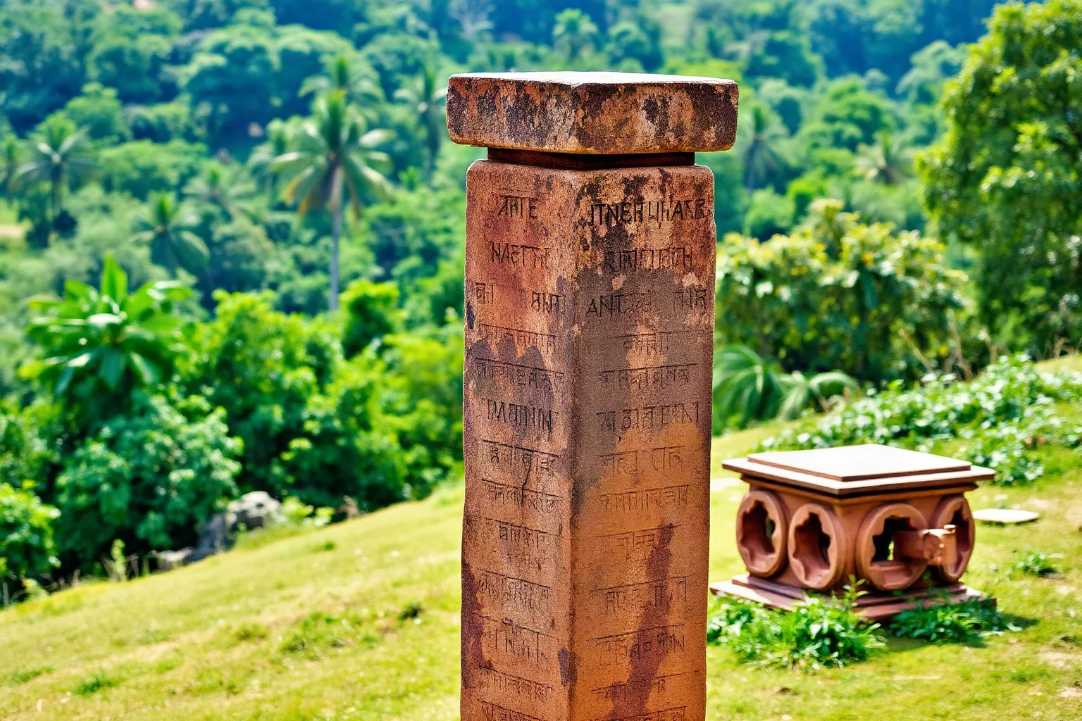 An ancient Indian stone pillar with carved edicts standing in a lush green landscape