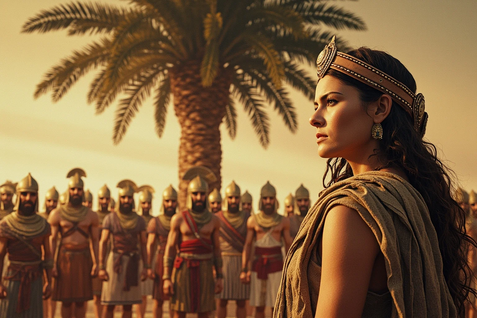 Wars Started By Women: The Rebel Queens Who Changed History 3 An ancient Israelite woman prophetess standing before assembled tribal warriors under a palm tree, biblical-era illustration style