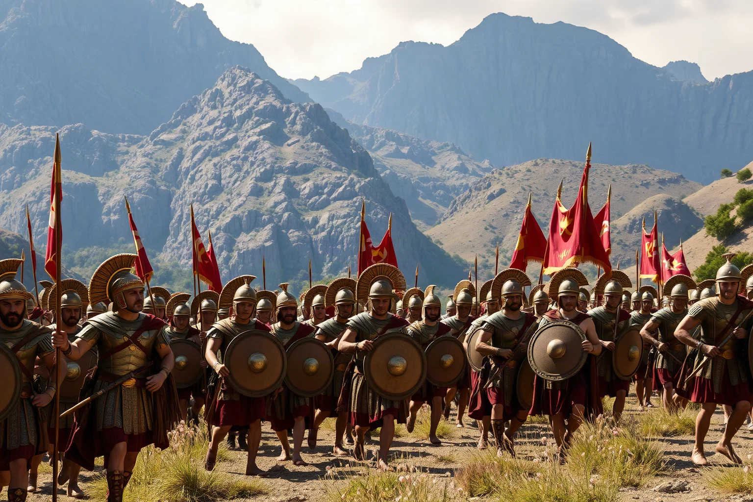 An ancient Macedonian army with phalanx formations marching before mountainous terrain