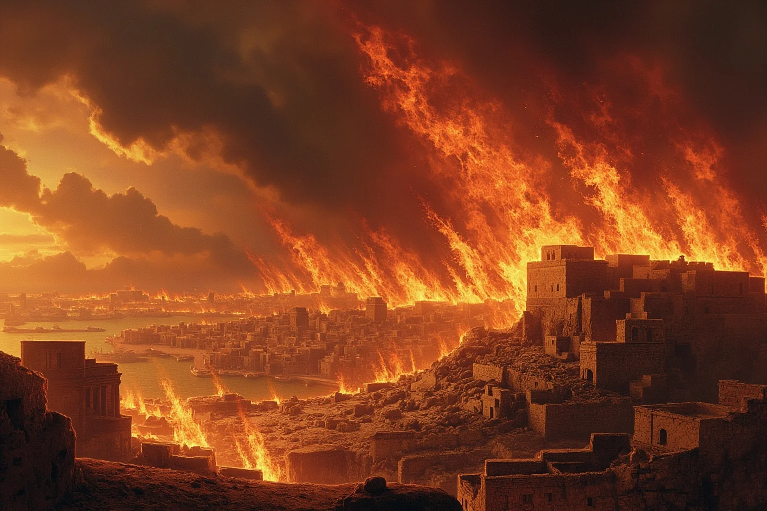 An ancient Mediterranean city in flames after a historical earthquake, illustrated in a classical art style