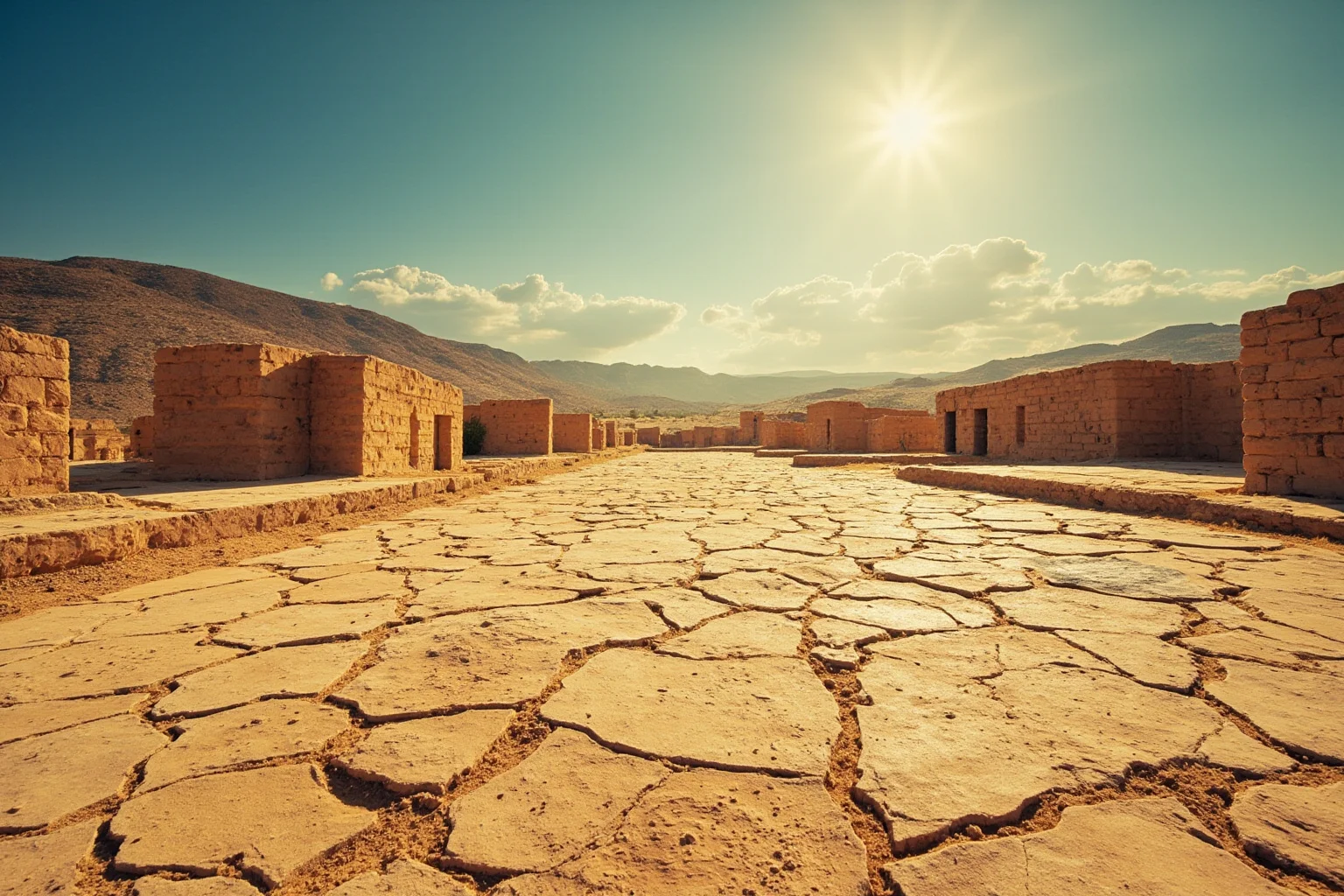 An ancient Mesopotamian landscape with cracked dry earth and abandoned mudbrick ruins under a harsh sun