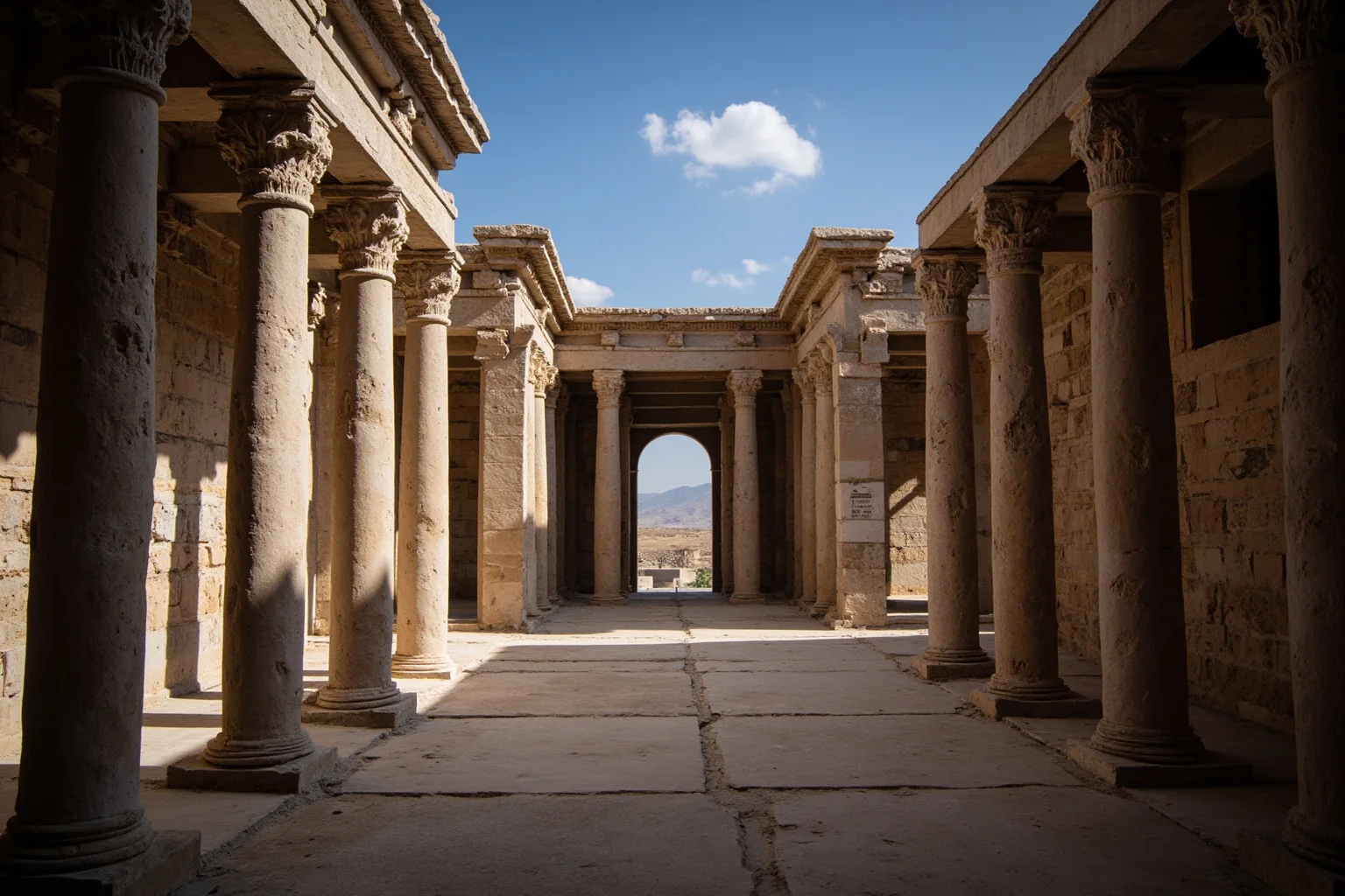 Empires That Fell Slowly—and 20 That Collapsed Overnight 4 An ancient Persian palace with grand columns, half in shadow, evoking a fallen Achaemenid capital